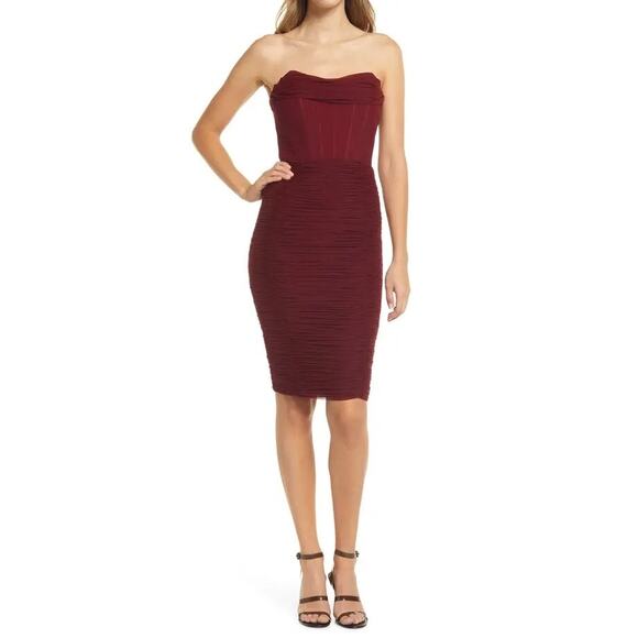 Lavish Alice Mesh Corset Ruched Strapless Midi Dress in Burgundy Red Size 18 - Picture 2 of 7